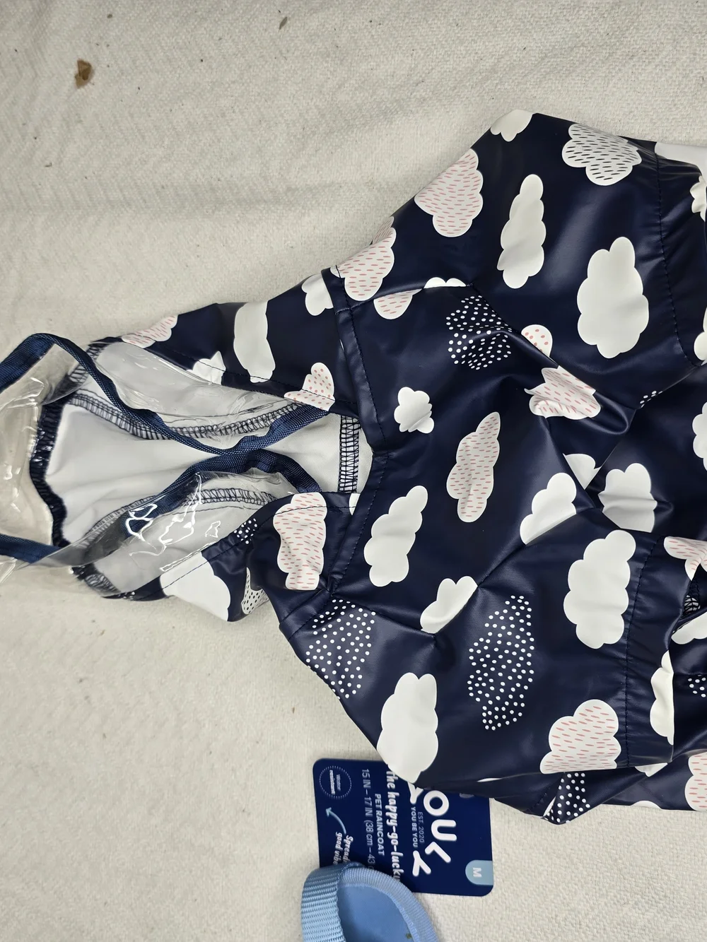 Cloud Print Navy Dog Raincoat with Light Blue Harness